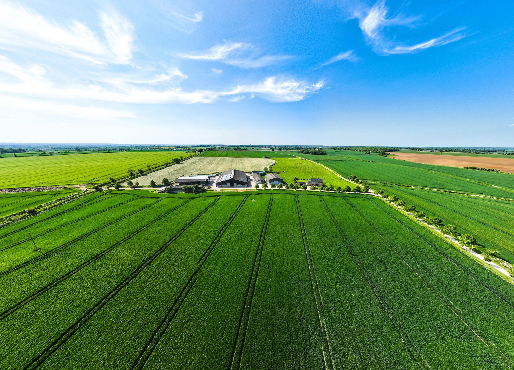 Aerial view of English countryside fields